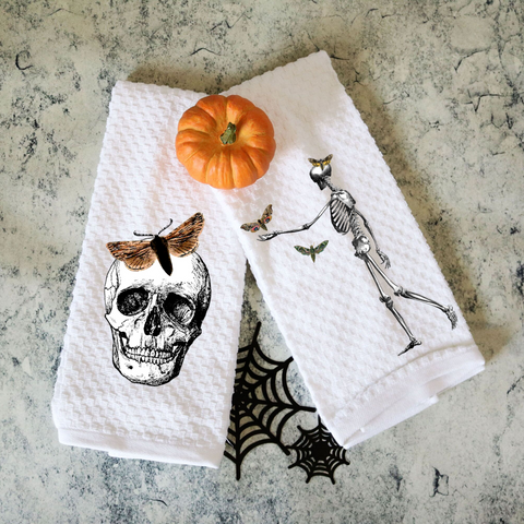 Set of Two Vintage Halloween Skeleton and Butterfly Towels