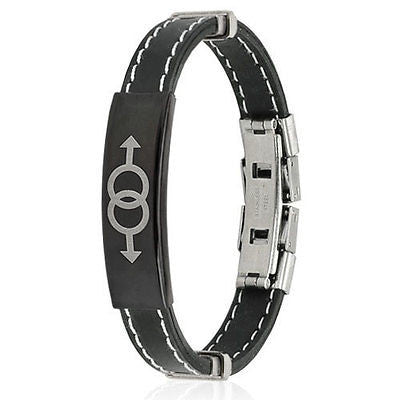 Stainless Steel Double Male Symbol ID Plate Stitch Accent Rubber Bracelet - Highway Thirty One