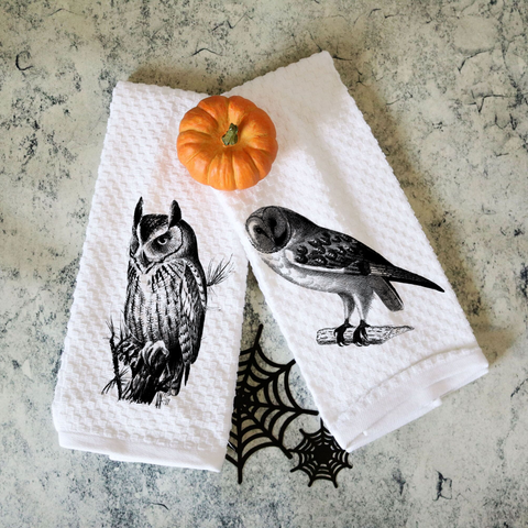 Set of Two Vintage Halloween Owl Towels