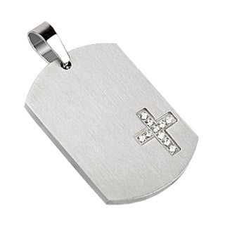Cross with Multi CZ's 316L Stainless Steel Pendant Dog Tag with 21" Ball Chain - Highway Thirty One