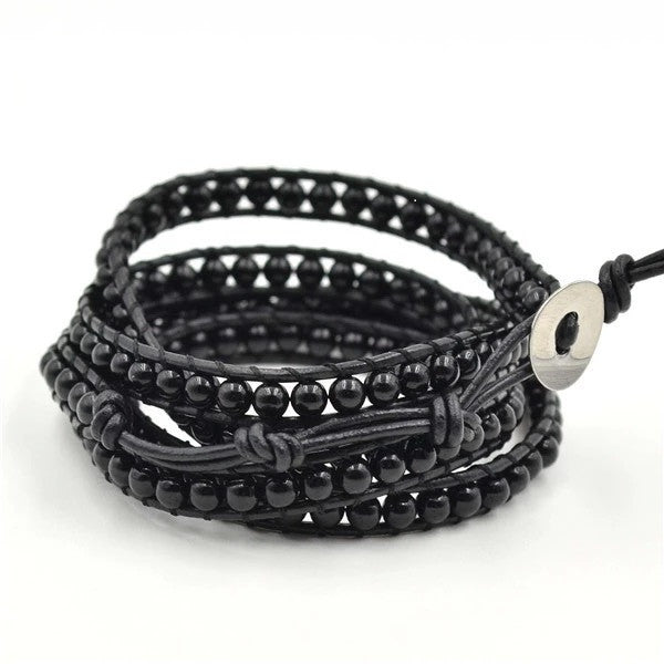 Multi Leather Wrap Bracelet with Black 4mm Beads