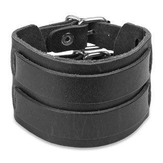 Black Leather Bracelet with Double Strap Belt Buckle - Highway Thirty One