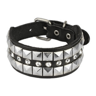 Black Leather Bracelet with Multi Row Pyramid and CZ Studs - Highway Thirty One