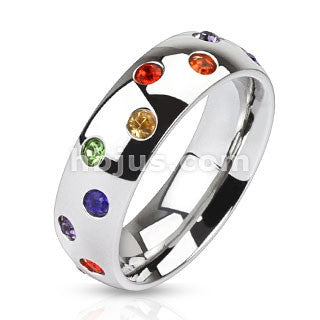 Stainless Steel Dome Band Ring with Multi Paved Rainbow CZs - Highway Thirty One
