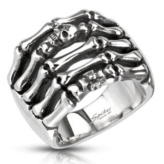 Stainless Steel Skeleton Hand with Skull and cross cast ring - Highway Thirty One