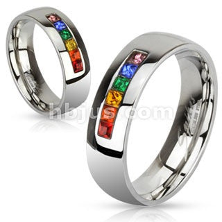Stainless Steel Centered String of Rainbow Color Gems Band Ring - Highway Thirty One