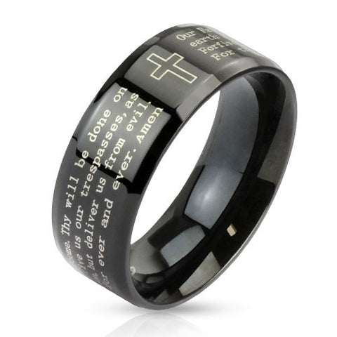 Stainless Steel Black IP with Outlined Cross and Lord's Prayer Beveled Edge - Highway Thirty One