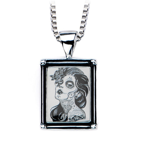 Women's Stainless Steel Necklace with Day of the Dead-Girl Vintage Frame Pendant. - Highway Thirty One