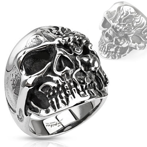 Stainless Steel Wide Two-faced Skull Ring - Highway Thirty One