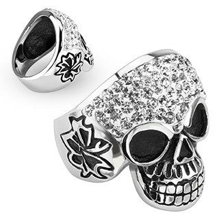 Stainless Steel Grinning Skull with Multi Clear Simulated Diamond & Side View Design Wide Cast Ring - Highway Thirty One