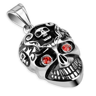 Stainless Steel Smiling Skull with Red CZ Eyes Pendant - Highway Thirty One