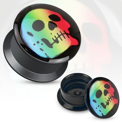 Rainbow Skull Rasta Print Black Acrylic Flat Screw Fit Plug Pair - Highway Thirty One