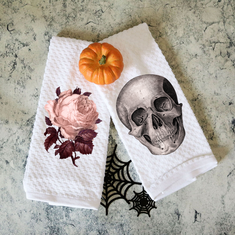 Set of Two Vintage Halloween Skull and Rose Towels