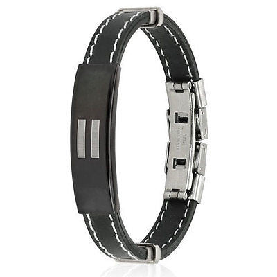 Stainless Steel Equal Sign ID Plate Stitch Accent Rubber Bracelet - Highway Thirty One