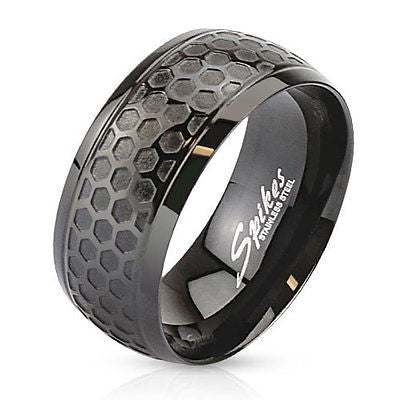 Stainless Steel Black IP Honeycomb Patterned Dome Ring - Highway Thirty One