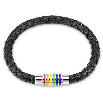 Black Braided Leather Bracelet with Magnetic Rainbow Striped Closure - Highway Thirty One