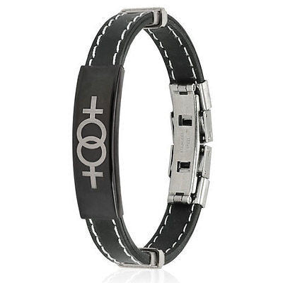 Stainless Steel Double Female Symbol ID Plate Stitch Accent Rubber Bracelet - Highway Thirty One