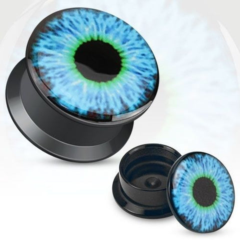 Blue Eyeball Print Black Acrylic Flat Screw Fit Plug Pair - Highway Thirty One
