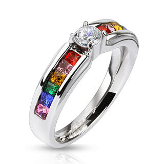 Stainless Steel Clear Center Gem and Rainbow CZ's Engagement Band Ring - Highway Thirty One