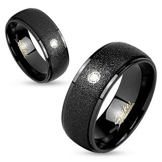 Sanded Center with Clear Gem Black IP Stainless Steel Couple Ring - Highway Thirty One