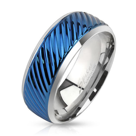 Diagonal Groove Blue IP Lined Center Stainless Steel Band Ring - Highway Thirty One
