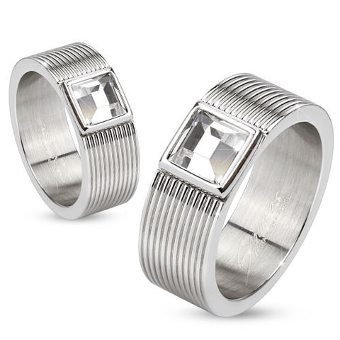 Multi Lined 316L S. Steel Rings with Bezel set Square CZ center - Highway Thirty One
