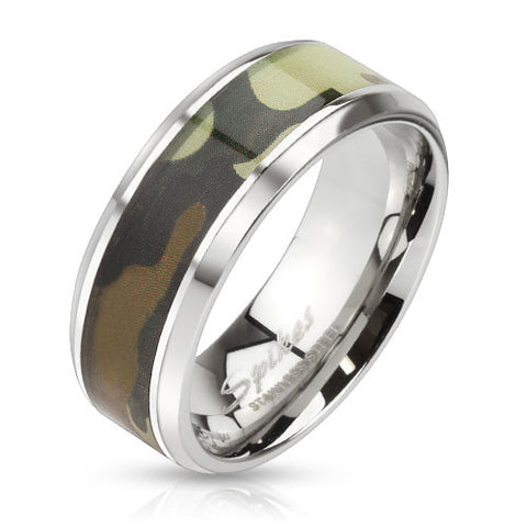 Camouflage Inlay Stainless Steel Beveled Edge Band Ring - Highway Thirty One