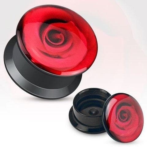 Red Rose Print Black Acrylic Flat Screw Fit Plug - Highway Thirty One