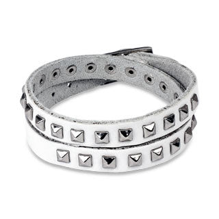 White Double Wrap Leather Bracelet with Pyramid Studs - Highway Thirty One
