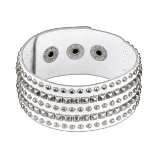 White Leather Multi Micro Pyramid & Round Studs Bracelet with Adjustable Snap Closure - Highway Thirty One