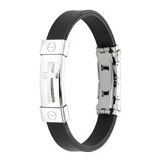 316L Stainless Steel Cross ID Plate Rubber Bracelet - Highway Thirty One