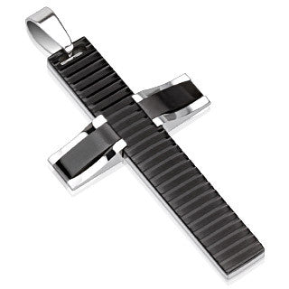 Beveled Two Tone Black 316L Stainless Steel Cross Pendant with a 21" Ball Chain - Highway Thirty One