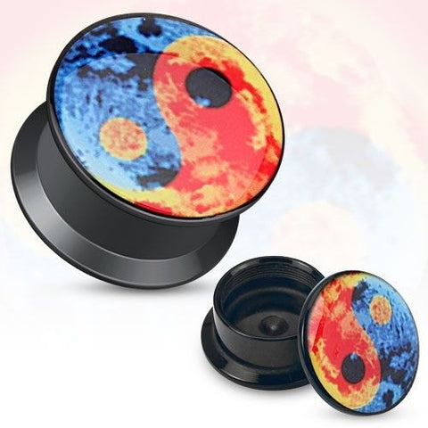 Ying Yang Print Black Acrylic Flat Screw Fit Plug Pair - Highway Thirty One