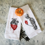 Set of Two Towels Skeleton Holding Heart and Anatomical Bleeding Heart