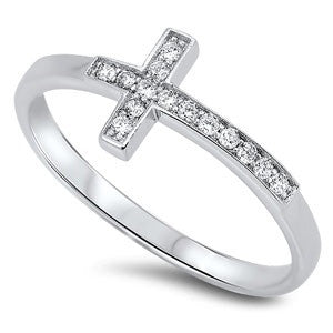 Sterling Silver Stylish Sideway Cross Design with Clear Cz Ring - Highway Thirty One