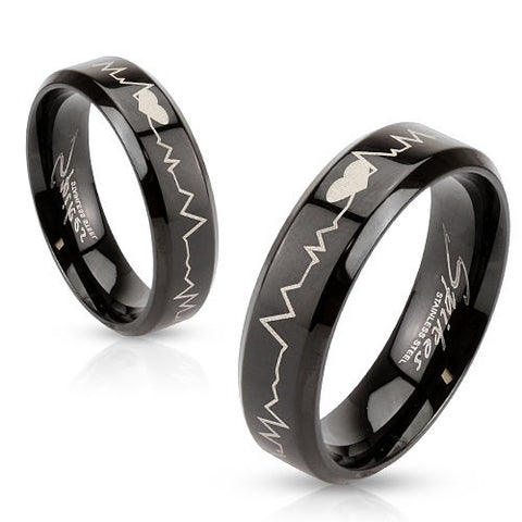 Stainless Steel Black IP with Heartbeat Laser Etched Band Ring - Highway Thirty One