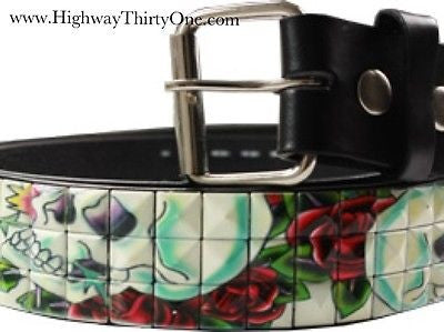 Metal Studded Skeleton belt with Roses - Highway Thirty One