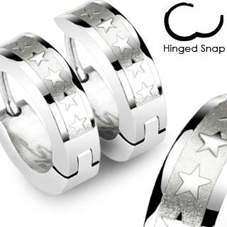 Pair of 316L Surgical Stainless Steel Hoop Earring with 5 Star Logos - Highway Thirty One