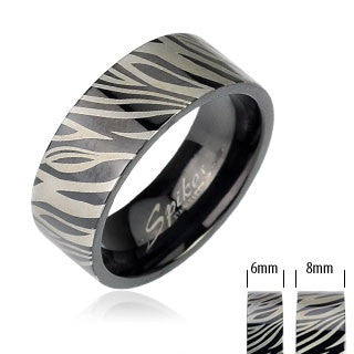 316L Stainless Steel Ring Black IP Ring with Zebra Print - Highway Thirty One