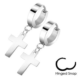 Pair of 316L Stainless Steel Hinged Hoop Earring with Cross Dangle - Highway Thirty One