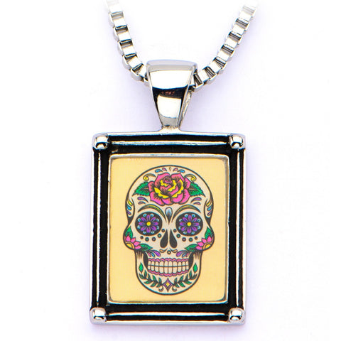 Women's Stainless Steel Necklace with Sugar Skull Vintage Frame Pendant - Highway Thirty One