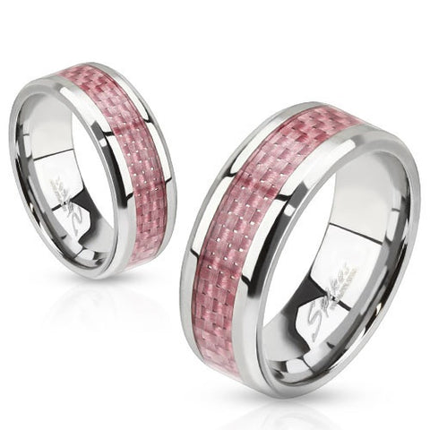 Stainless Steel Pink Carbon Fiber Inlay Band Ring - Highway Thirty One