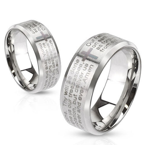 Stainless Steel Laser Etched Lord's Prayer Over Brushed Finished Beveled Edge Ring - Highway Thirty One