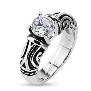 Stainless Steel Clear Simulated Diamond on Prong Setting with Tribal Decorative Cast Ring - Highway Thirty One