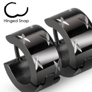 Pair of 316L Stainless Steel Black Hinged Hoop Wide Earring with Multi Dia-Cuts - Highway Thirty One