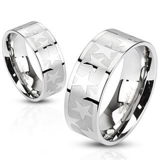 Stainless Steel Two Toned Shiny Star Pattern Ring - Highway Thirty One