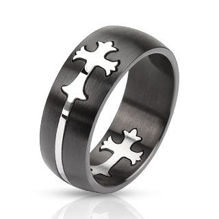 Stainless Steel Two Tone Dome Cut Out Celtic Cross Band Ring - Highway Thirty One